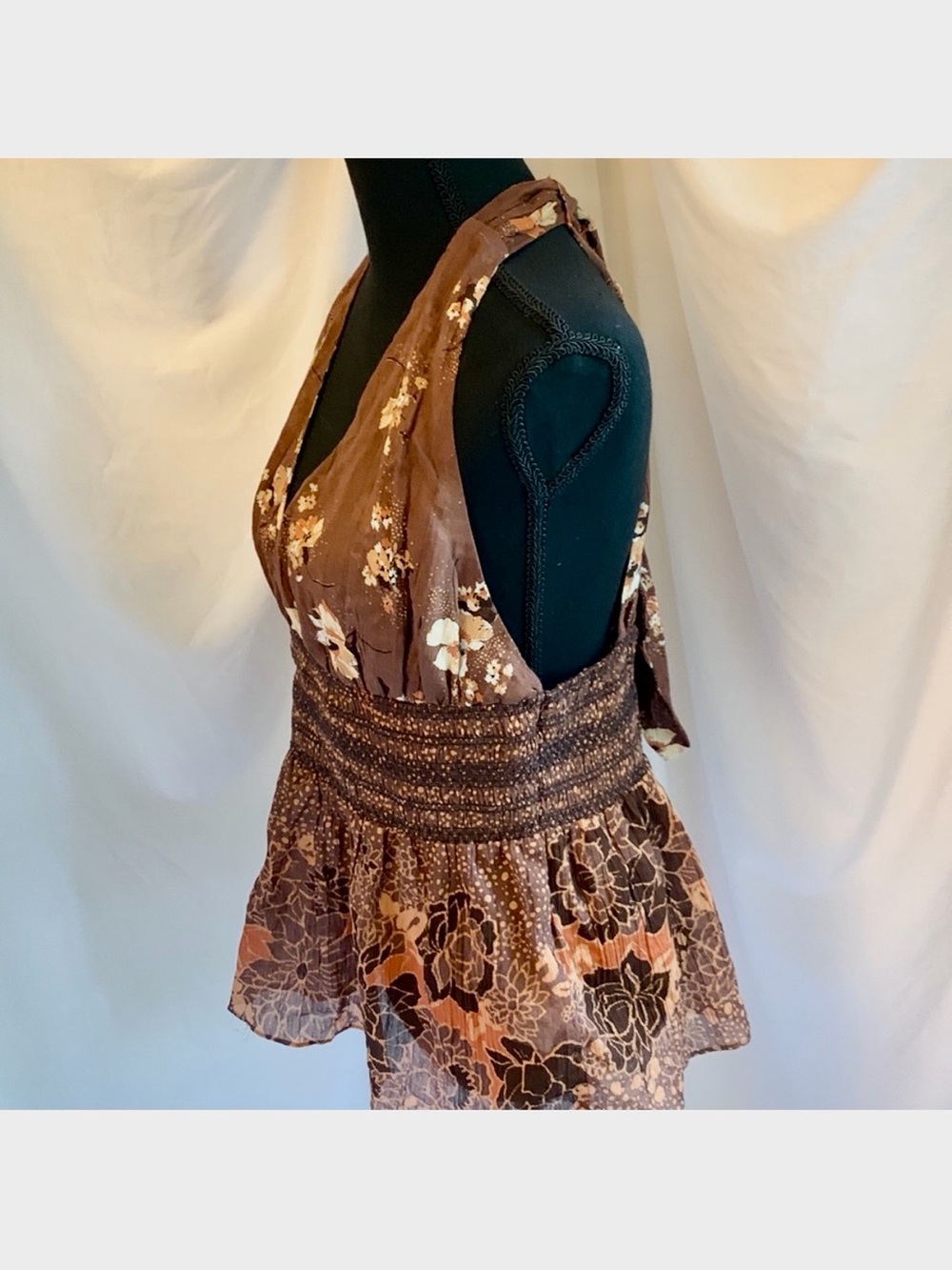 NWT, Free People Cocoa Combo Floral, Smocked Peplum Halter - Picture 3 of 5